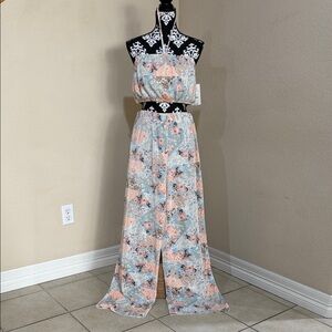 NOBO Floral Strapless Jumpsuit in Light Blue and Peach